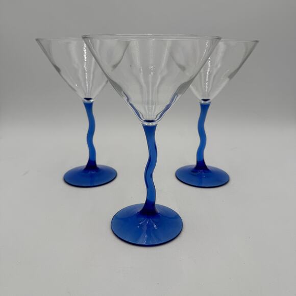 Libbey Martini Glasses in Courbe Pattern Blue Stem Set of 3 - Picture 2 of 8
